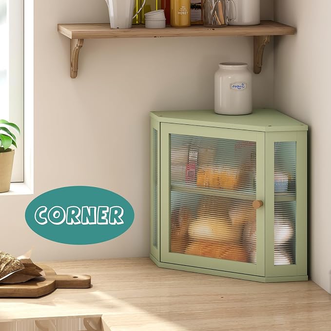 viewcare Corner Bread Box for Kitchen Countertop, Bamboo Wood Large Capacity Bread Storage Bin with Acrylic Wavy Door Panel, Green - Image 2
