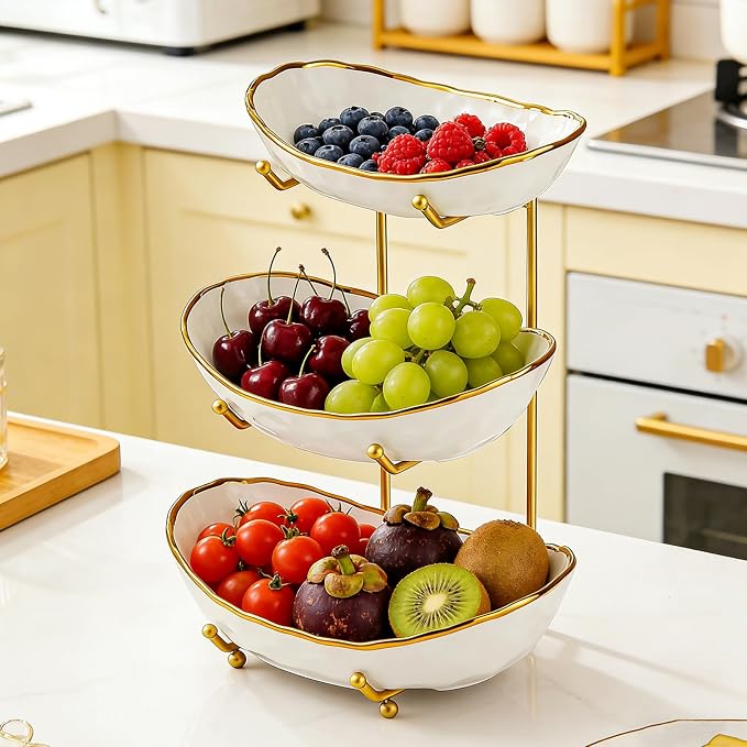 Fruit Bowl 3-Tier Ceramic With Gold Metal Stand Large Space Saving | Decorative Fruit Basket, Large Capacity, Space Saving Design, Ideal For Kitchen And Dining - Image 2