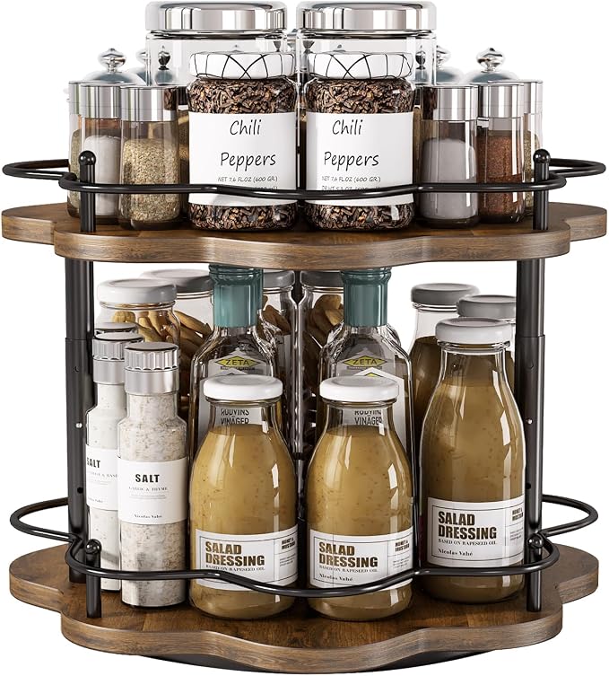 2 Tier Lazy Susan Organizer,2-Tier Spinning Spice Rack with Stable Carousel Base & 4 Height Settings for Cupboard Kitchen Countertop Dining Table Cupboard (Two-Ply(Petal Shape)) by LIAISIMI