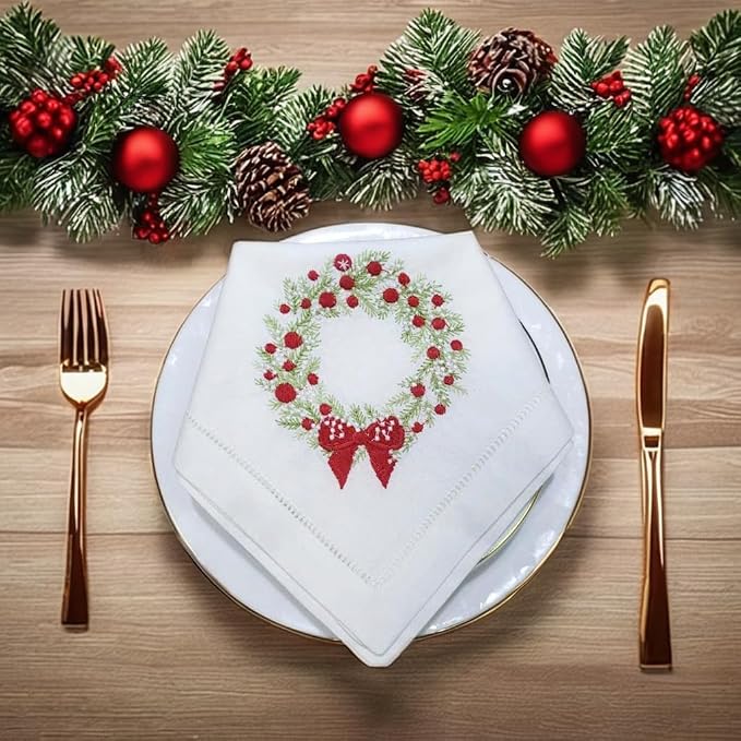 Embroidered Cotton Napkins Christmas 20x20 (Wreath Red Berries Christmas) - Image 5