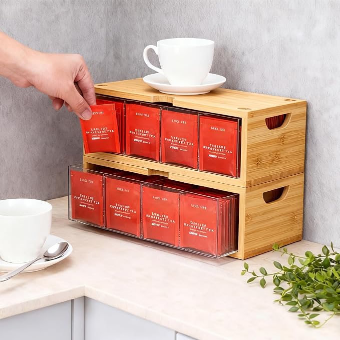 Bamboo Stackable Tea Bag Organizer, 2-Piece | Large Capacity, Box Set - Image 4
