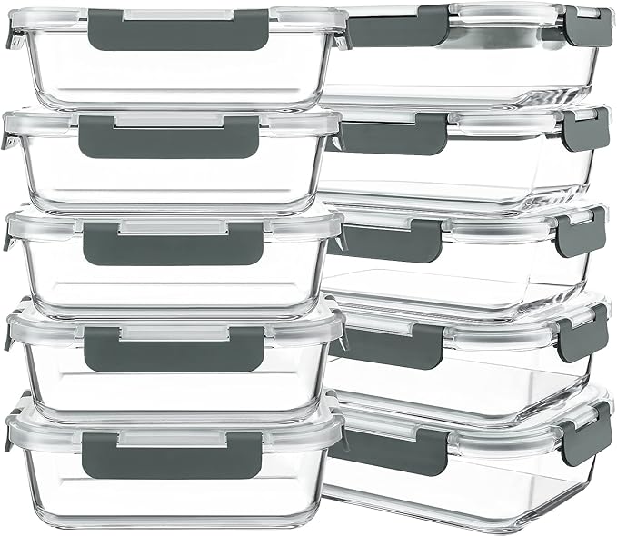 10 Packs 30 oz Glass Meal Prep Containers with Lids | Glass Food Storage Containers with Lids, Airtight Lunch Bento Boxes, Microwave, Freezer and Dishwasher, Gray by KOMUEEUS