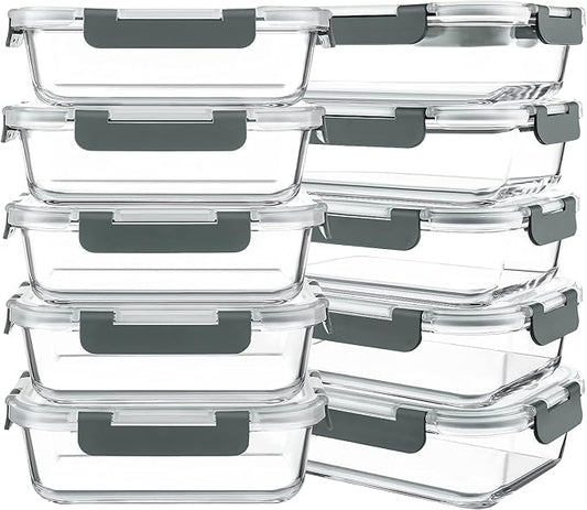 10 Packs 30 oz Glass Meal Prep Containers with Lids | Glass Food Storage Containers with Lids, Airtight Lunch Bento Boxes, Microwave, Freezer and Dishwasher, Gray by KOMUEEUS