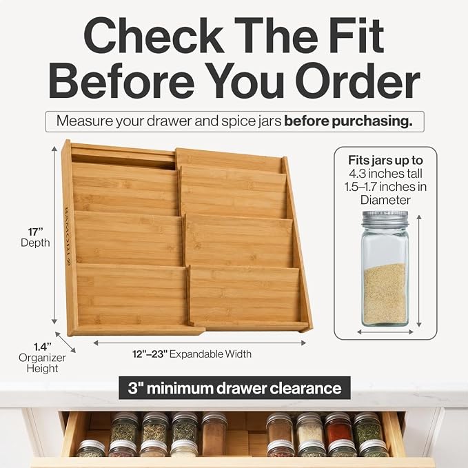 Bamboo Spice Drawer Organizer, Expandable 12 to 23 Inch Insert Holds 48 Jars, 4 Tier Seasoning Rack for Kitchen Drawer or Countertop, Adjustable Wood Spice Organizer - Image 2