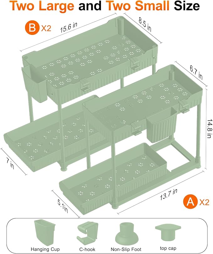 4-Pack 2-Tier Under Sink Organizer with Pull Out Drawers | Multi-use kitchen & bathroom storage. Includes hanging hooks and cups. Green, space-saving cabinet design. 14.8 Inch - Image 2