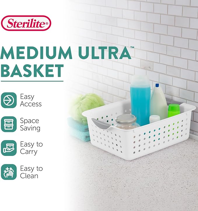 Sterilite Medium Ultra Basket, Open Top Plastic Storage Bin, White, 24-Pack | Classic Storage Organizer Baskets for Countertops, Pantry Shelves, Kitchen Cabinets, Laundry Rooms & Home Offices - Image 3