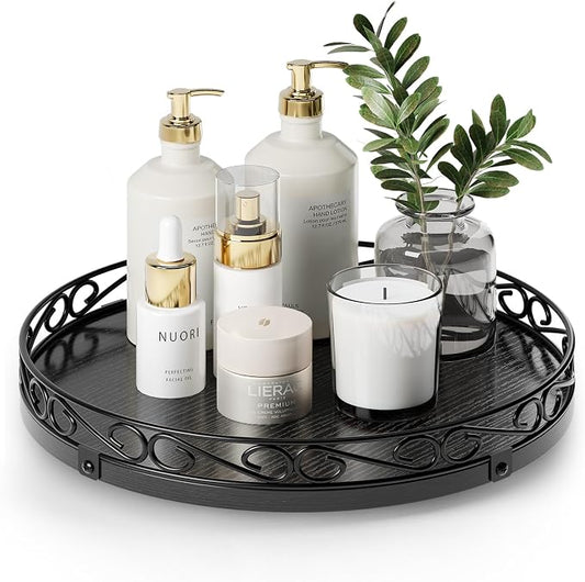 12" Lazy Susan Turntable Organizer for Table Top, Wood Lazy Susan Cabinet | Farmhouse Rotating Decor Tray for Dining Table, Pantry, Kitchen Countertop, Spice, Bathroom Vanity, Round Patterned Rim,Black by Yoobure