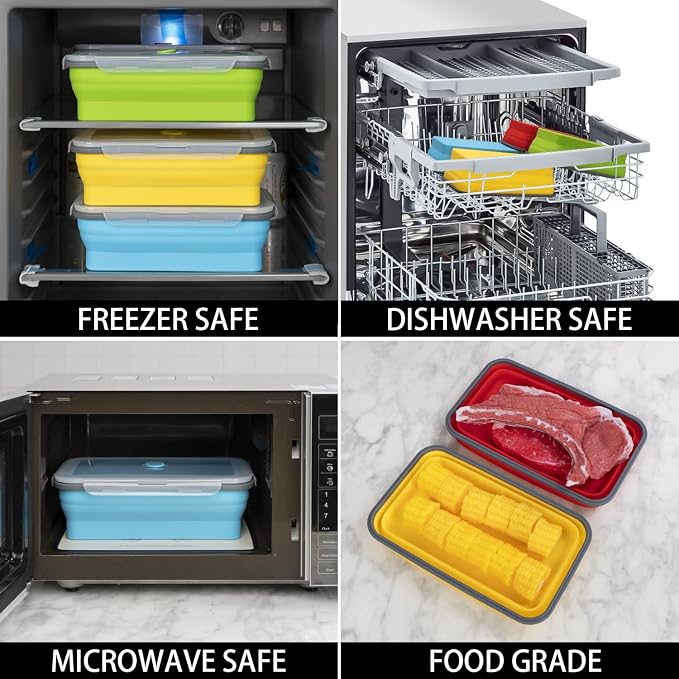 Extra Large Collapsible Food Storage Containers with Lid & Air Vent, 81 oz, 4 Pack, XXL Collapsible Marinade Container BBQ Prep Foldable Silicone Containers, Microwave Freezer Dishwasher Safe - Image 4