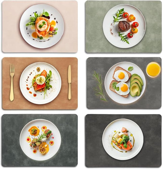 UnivoColors Placemats,Heat Resistant Placemats Set of 6 Washable 12 x 17 Inch,Waterproof Table Mats,Wipeable Pu Place Mats for Kitchen,Dining Room.(Dark Gray+Blue Grey+Grey+Camel+Beige+Green) by UnivoColors