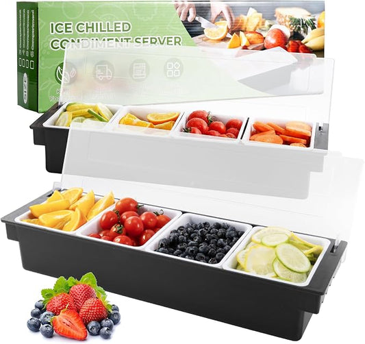 WICHEMI Ice Chilled Condiment Caddy with 4 Removable Trays and Lid, 2 Pack | Condiment Container, Taco Bar Serving Tray, Fruit & Garnish Trays Serving Platter for Salad, Party Supplies & Bar Accessories by WICHEMI