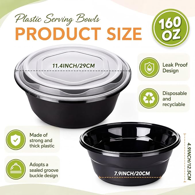 10 Pack 169oz Large Plastic Serving Bowls with Lids Round Extra Large Disposable Salad Bowls Containers Chip Candy Dish for Salads and Snacks Party Picnic Buffet Eating - Image 2