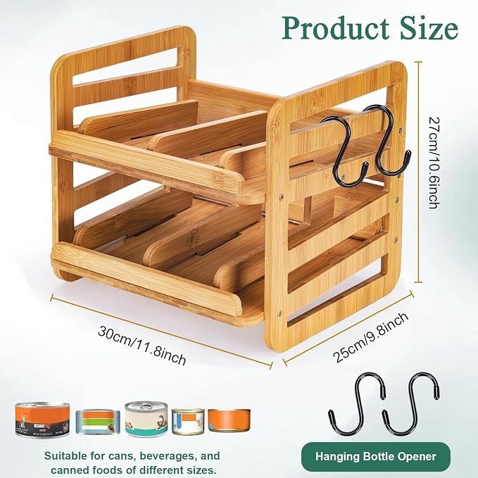 Bamboo Rolling Can Organizer for Pantry: Double-Tier Automatic Rolling Cans Dispenser Rack with Hooks, Can Holders Dispensers for Pantry for Kitchen Cabinet - Image 2