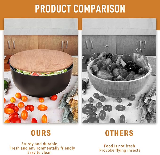 Salad Bowl with Lid, Set of 3 (7" + 8.8" + 11") Serving Bowl with Bamboo Cover, Bamboo Fiber Mixing Bowl for Salad Cereal Pasta Soup Fruit Popcorn Chips (Black) - Image 4