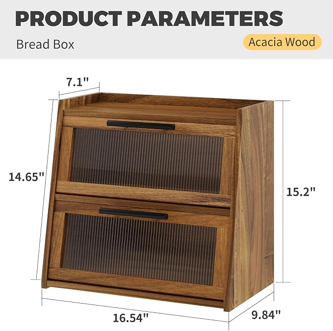 Bread Box for Kitchen Counter,Wooden Double Layer Countertop Bread Storage | Bread Holder Container Bin with Window for homemade bread; Acacia Wood Construction with Metal Handles - Image 2