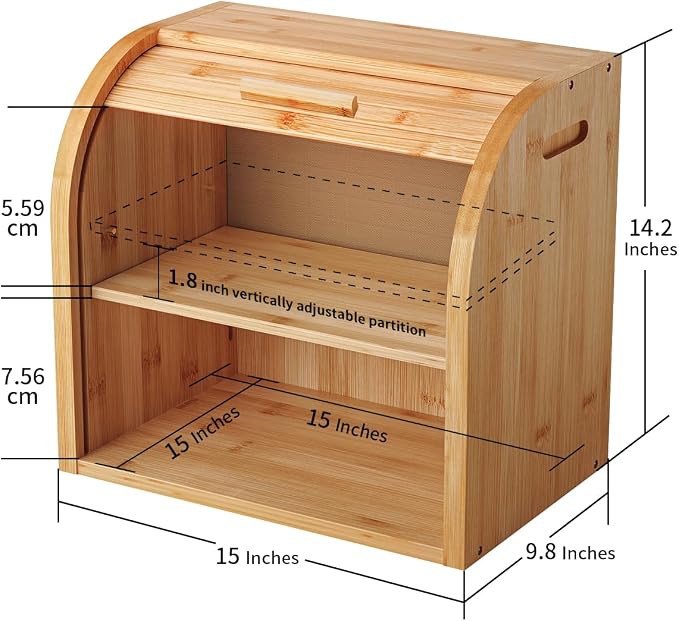 G.a HOMEFAVOR Bread Box, 2 Layer Bamboo Bread Boxes for Kitchen Food Storage, Large Capacity Bread Keeper Roll Top with Removable Layer, 15" x 9.8" x 14.2", 15 mm Thickness (Self-assembly) | Roll Top Bread Keeper with Removable Layer, Large Capacity, 1... - Image 2