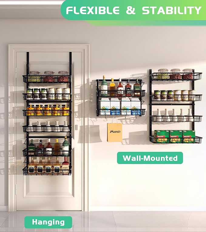 Mefirt Over The Door Pantry Organizer, Pantry Storage and Organization | 6-Tier Adjustable Hanging Baskets, Metal Wall Mount Spice Rack Seasoning Shelves for Home & Kitchen, Laundry Bathroom - Black - Image 3