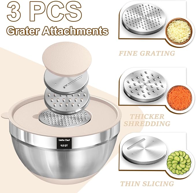 Umite Chef Mixing Bowls with Airtight Lids Set, 8PCS Stainless Steel Nesting Bowls with Grater Attachments, Non-Slip Bottoms, 5, 4, 3.5, 2, 1.5QT for Mixing & Serving - Image 3