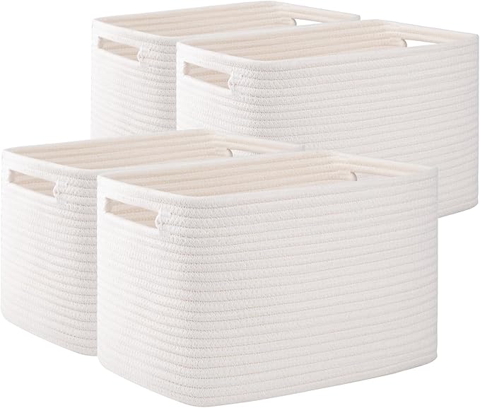 OIAHOMY 4 Pack Storage Baskets for Organizing, Cube Storage Bins for Shelves, Rectangle Storage Baskets With Handles, Woven Baskets for Storage, 12.7''Lx9''Wx7.8''H, White by MasterofSpaceOptimization