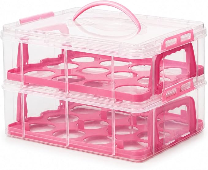 Cupcake Carrier Stackable Storage Container Collapsible Cake Carrier with Lid and Handle, with 50 PCS Cupcake liners,Reusable Plastic Dessert Travel Container,Transport Box (24 Cupcakes Pink) by HomDSim