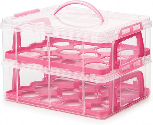 Cupcake Carrier Stackable Storage Container Collapsible Cake Carrier with Lid and Handle, with 50 PCS Cupcake liners,Reusable Plastic Dessert Travel Container,Transport Box (24 Cupcakes Pink) by HomDSim