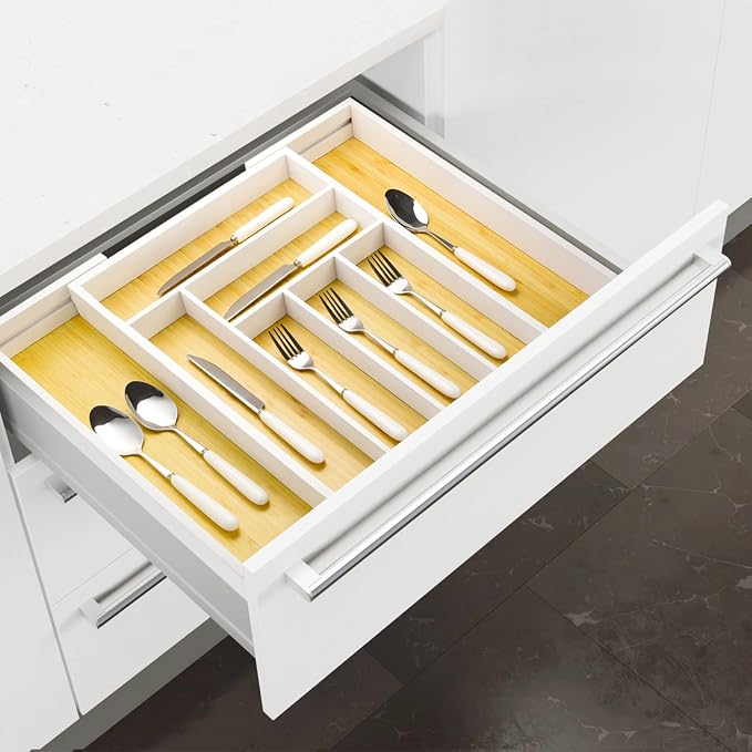 Bamboo drawer organizer, utensil holder, silverware organizer, and adjustable cutlery tray with drawer dividers, for kitchen, office desk, and bathroom storage (White) - Image 3