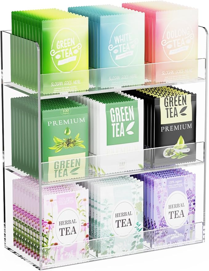 Acrylic Tea Bag Organizer, 3 Layers Tea Bag Holder for Tea Packets, No Assembly Required, Wall Mount Display Tea Caddy for Countertop or Cabinet, 9 Slots, Clear by LaumffonOfficial