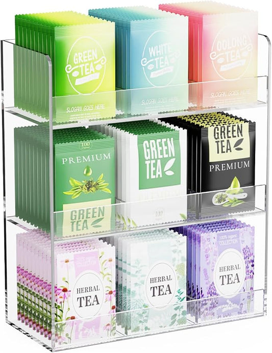 Acrylic Tea Bag Organizer, 3 Layers Tea Bag Holder for Tea Packets, No Assembly Required, Wall Mount Display Tea Caddy for Countertop or Cabinet, 9 Slots, Clear by LaumffonOfficial