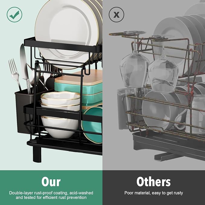 MOUKABAL 2 Tier Dish Drying Rack with Drainboard for Kitchen Counter, Black | 13×17 Large Capacity/Rustproof Stainless Steel/Fast Drainage Dish Drainer/Removable Utensil Holder/Kitchen Counter Organizer - Image 7