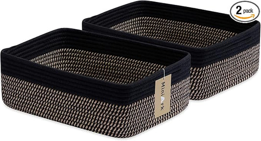 MiniArk Large Shallow Organizing Baskets 15x11x5.1 Inches - Rope Woven Storage Bins for Bathroom, Shelves, Cube Closet, Black Woven Brown 2 Packs by MiniArkStorageBasketsHome