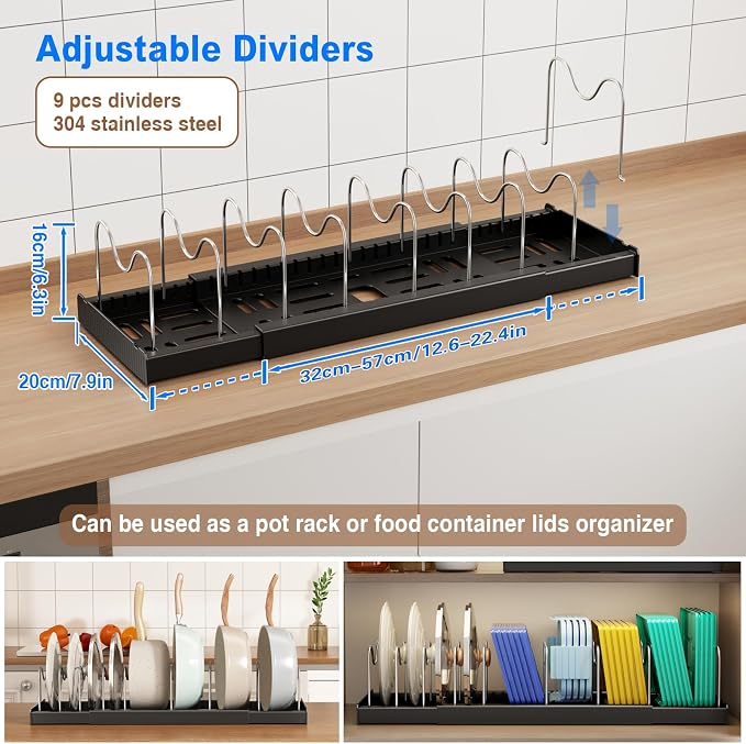Mustorn Pots and Pans Organizer Under Cabinet, 22" Expandable Food Storage Container Lid Organizers with 9 Adjustable Dividers Pot and Pan Lid Holders Rack Inside Cabinet/Countertop(1 Pack, Black) - Image 2