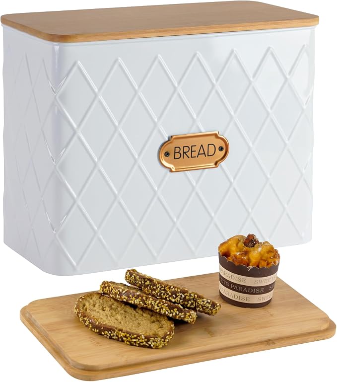 Extra Large Rhombus Pattern Embossed Bread Box with Bamboo Lid | Corner Breadbox for Homemade Bread, White Metal Bread Storage Container Bin for Kitchen Countertop, Fits 2 Loaves of Bread by Unknown