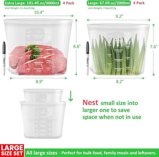 Premium Silicone Reusable Storage Bags, Large-Size Set, 8 Pack, 100% Platinum Silicone Food Storage Bag Stand-Up Wide-Mouth Zip-Lock, Microwave Dishwasher Freezer Safe, 4 XL + 4 L, Crystal-Clear - Image 3