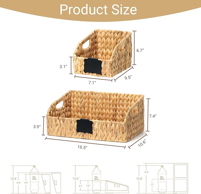 Wicker Baskets for Organizing, Pantry Baskets with Built-in Handles, Handwoven Labeled Wicker Storage Basket, Water Hyacinth Storage Bins for Shelves, 3 Pack, Natural - 2 Set - Image 3