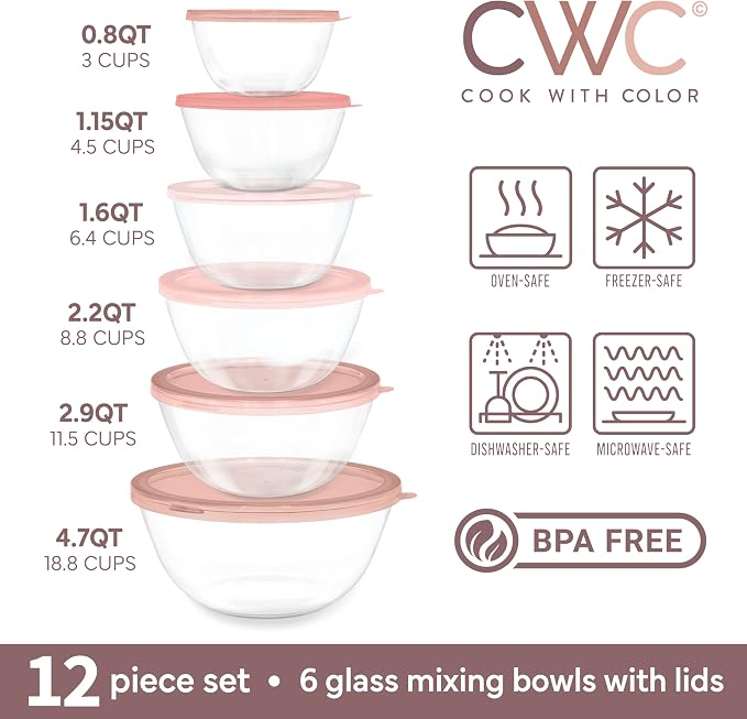 COOK WITH COLOR 12 Pc Glass Mixing Bowl Set with Lids – Borosilicate Glass Nesting Bowls for Cooking, Baking and Meal Prep, Pink - Image 2
