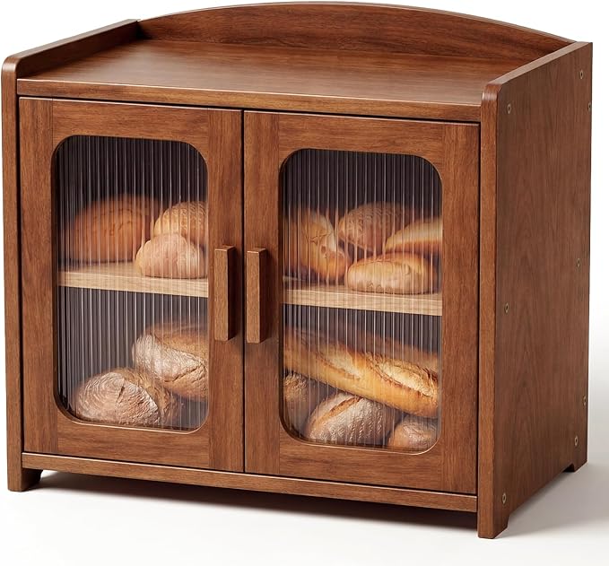 Solid Wood Bread Box, Kitchen Countertop Storage Cabinet | 2-Tier Large Capacity, Help Keep Sourdough Bread Fresh, Countertop Storage Organizer for Kitchen & Pantry, Walnut Brown by florwishhome