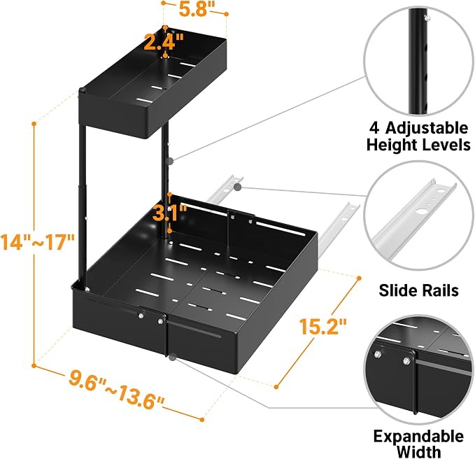 Pull Out Under Sink Organizer 2 Pack, 2 Tier Expandable Under Cabinet Storage with Height Adjustable Design for Kitchen Bathroom Laundry Room - Image 2