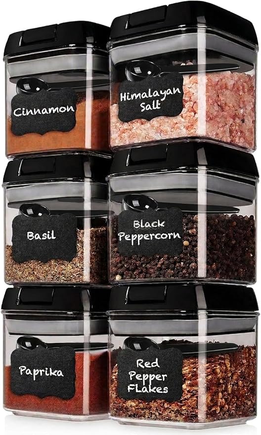 Shazo 6 PC Airtight Food Storage Containers + 6 Spoons Included - BPA Free Plastic Snack & Spice Containers with Easy Lock Lids - Kitchen and Pantry Organization for Herbs Coffee Tea - 0.5L / 2.1 Cup by Shazo