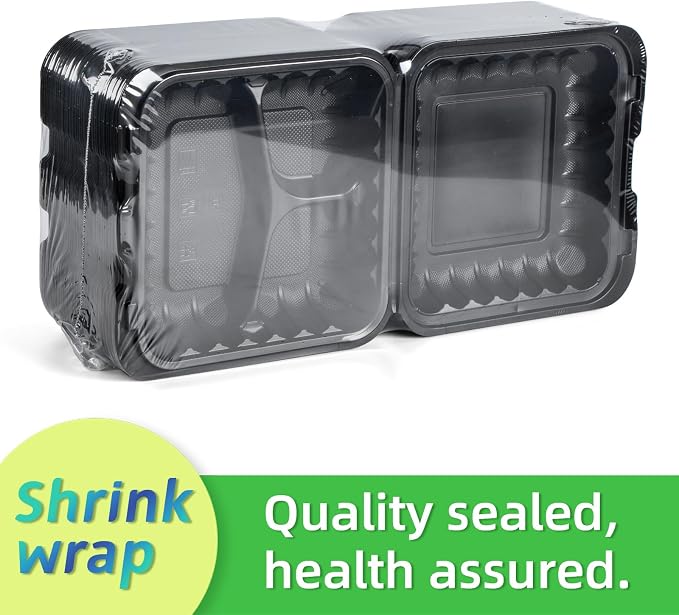 55-Pack 8x8 34oz Black To Go Containers – Shrink Wrapped No Pre-Wash | 3-Compartment Sanitary Sealed BPA-Free Heavy Duty Clamshell | Microwave Freezer Safe, Leak-Proof Meal Prep & Leftover Boxes - Image 2