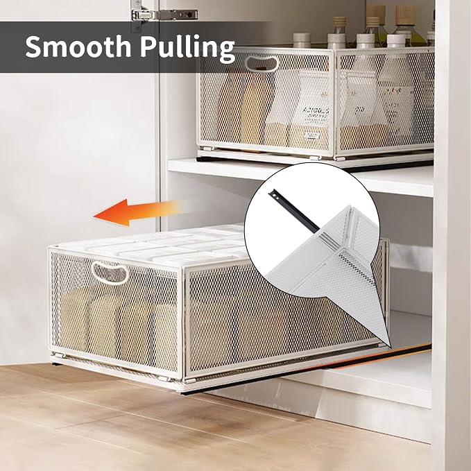 Sliding Cabinet Basket Organizer Drawer Self Adhesive Slide out Pantry Shelves Heavy Duty Carbon Steel Slide Cabinet Storage Basket with Handle for Bathroom Kitchen Home - Image 9