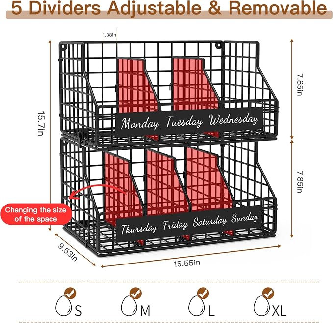 Egg Basket, Stackable Wall Mount Egg Holder Countertop with Weekday Labels | Rustproof carbon steel basket with adjustable dividers, ideal for backyard poultry, small kitchen & pantry storage, Black - Image 5