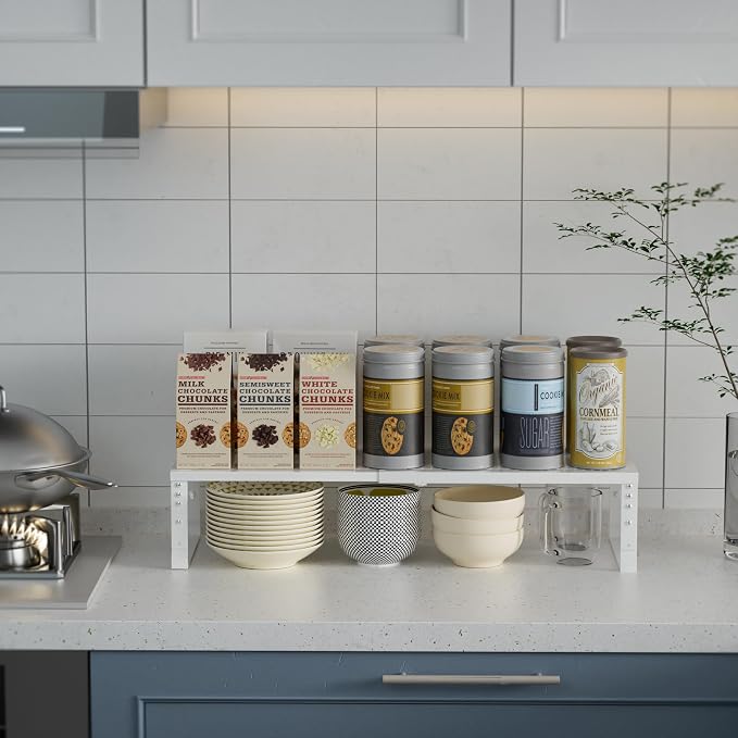 Expandable Spice Rack Kitchen Cabinet Shelf Organizer, Stackable Storage Shelves Racks, Adjustable Counter Shelving for Cabinets, Countertop, Cupboard,Pantry and More(2Packs/White/Medium) - Image 2