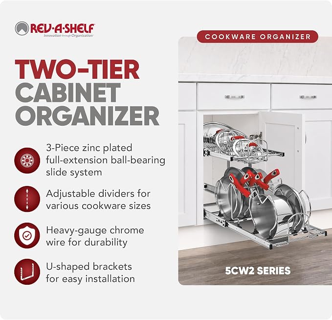 Rev-A-Shelf Dual Kitchen Cabinet Pullout Organizer, Min Open Width of 11.5" | 2-Tier U-Shaped Cookware Storage Rack for Pots, Pans, and Lid Cookware, Adjustable Heavy Duty Wire, Chrome, 5CW2-1222-CR - Image 6