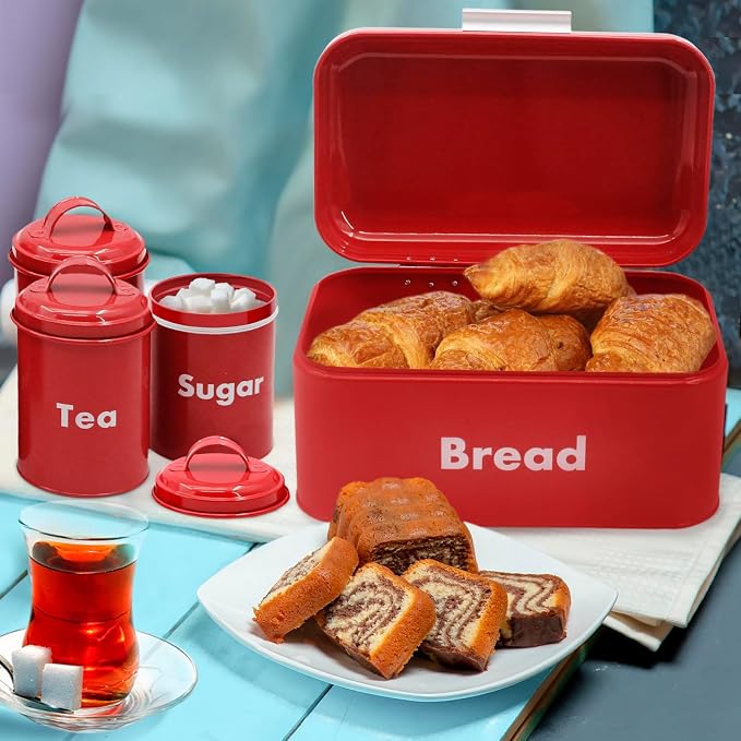 Plexon Bread Box for Kitchen Countertop, Bread Container with Coffee, Tea, Sugar Canisters, Metal 4-Piece Bread Box Set with Lids, Red - Image 8