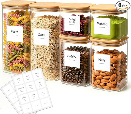 Glass Pantry Storage Containers with Lids 0.6/1.2/1.9 Qt 6 Pack | Pantry Organization, Square Stackable Design, Flour Sugar Coffee Beans Pasta Cereal Dry Food Storage,Kitchen Organizer by KTMAMA