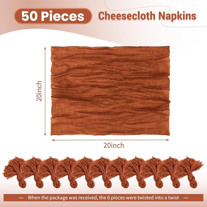 50 Pack Terracotta Fall Napkins 20x20Inch Cheesecloth Napkins | Elegant Cloth Napkins for Table, Washable Rustic Boho Gauze Napkins, for Wedding Party Bridal Baby Shower Dinner Table Decor - Image 2