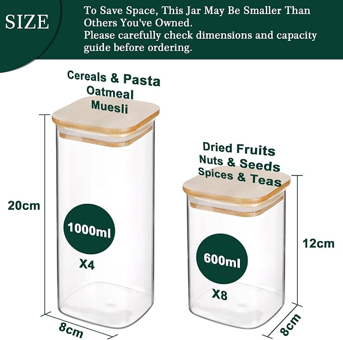 LIBWYS 12-Pack Square Glass Storage Jars with Bamboo Lids (0.6Qt/1.06Qt) - Stackable Food Containers for Pantry Organization, Coffee, Flour, Snacks, Tea | Kitchen Canisters Set | Stackable Dry Food Containers for Pantry Organization, Coffee, Flour, Sna... - Image 2