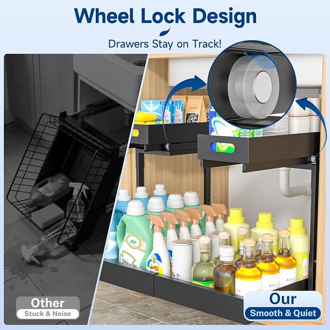 Insputer Upgrade Expandable Under Sink Organizer, 2 Tier Metal Under Cabinet Storage with 3 Slide Rails, Height Adjustable, Thickened Pull Out Drawer Shelf for Bathroom, Kitchen, Laundry, Pantry - Image 4