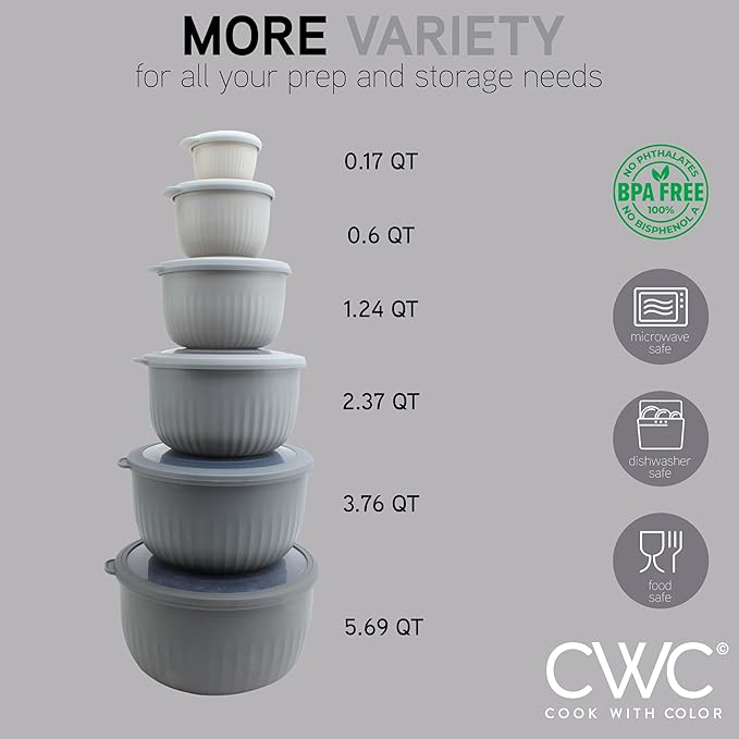 COOK WITH COLOR Prep Bowls with Lids- Wide and Deep Nesting Plastic Small Mixing Bowl Set with Lids, 12 Piece Set - Deep Bowls, Gray - Image 4