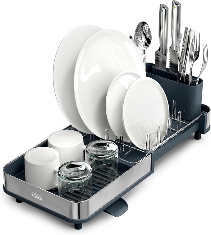 Joseph Joseph Extend Slim Steel Expandable Dish Drying Rack with Removable Cutlery Holder and Swivel Draining Spout, Compact Design, Grey by Unknown