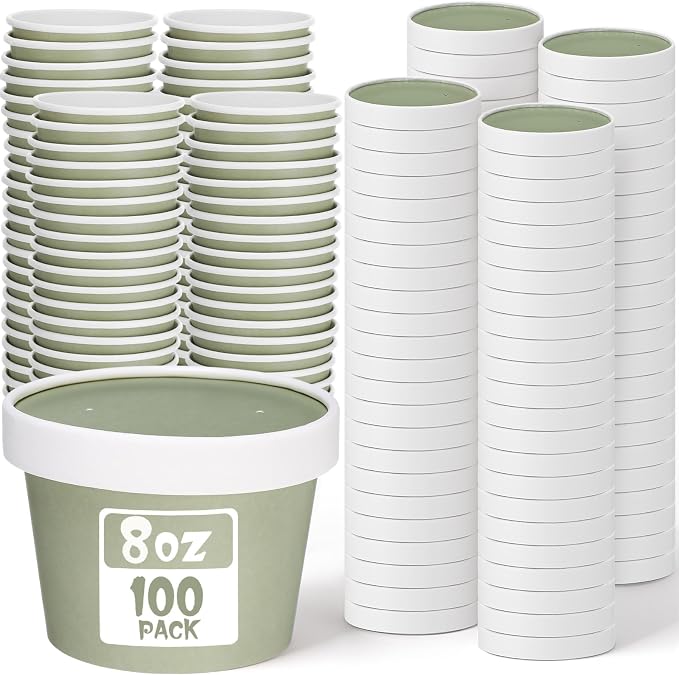 Fulmoon 100 Pack Paper Soup Containers with Lids Disposable Paper Food Containers with Vented Lid Kraft Ice Cream Cake Dessert Cups Soup Bowl for Party Hot Food Fruit Microwave(8 oz,Olive Green) by Fulmoon